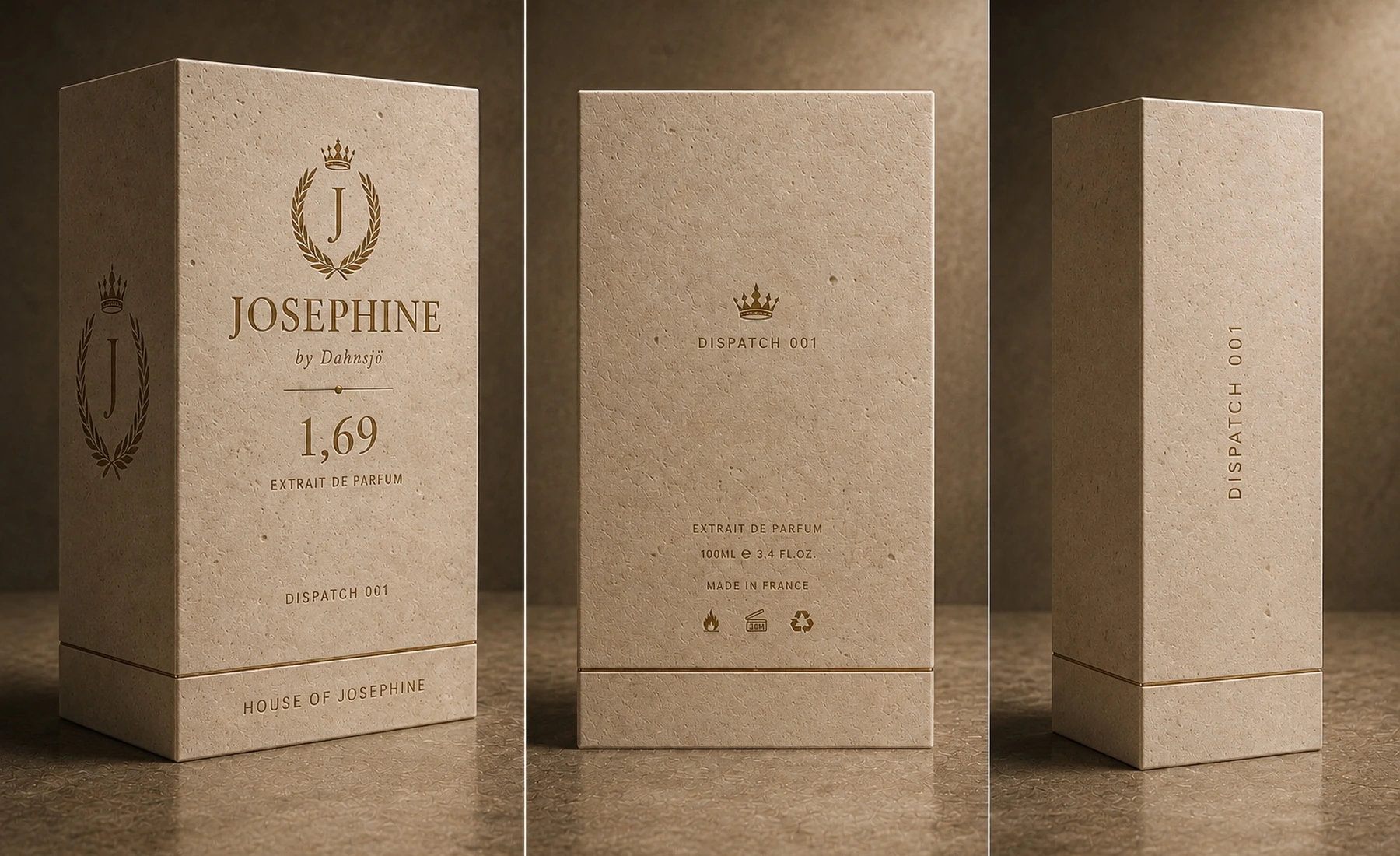 Front, back and side views of the JOSÉPHINE Dispatch 001 presentation box